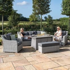Snug 3 Seat Rattan Sofa Dining Set with Fire Pit Table & Weatherproof Cushions